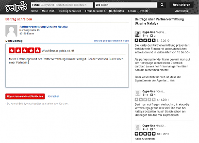 Yelp: Erfahrungsbericht über die Partnervermittlung Ukraine veröffentlichen